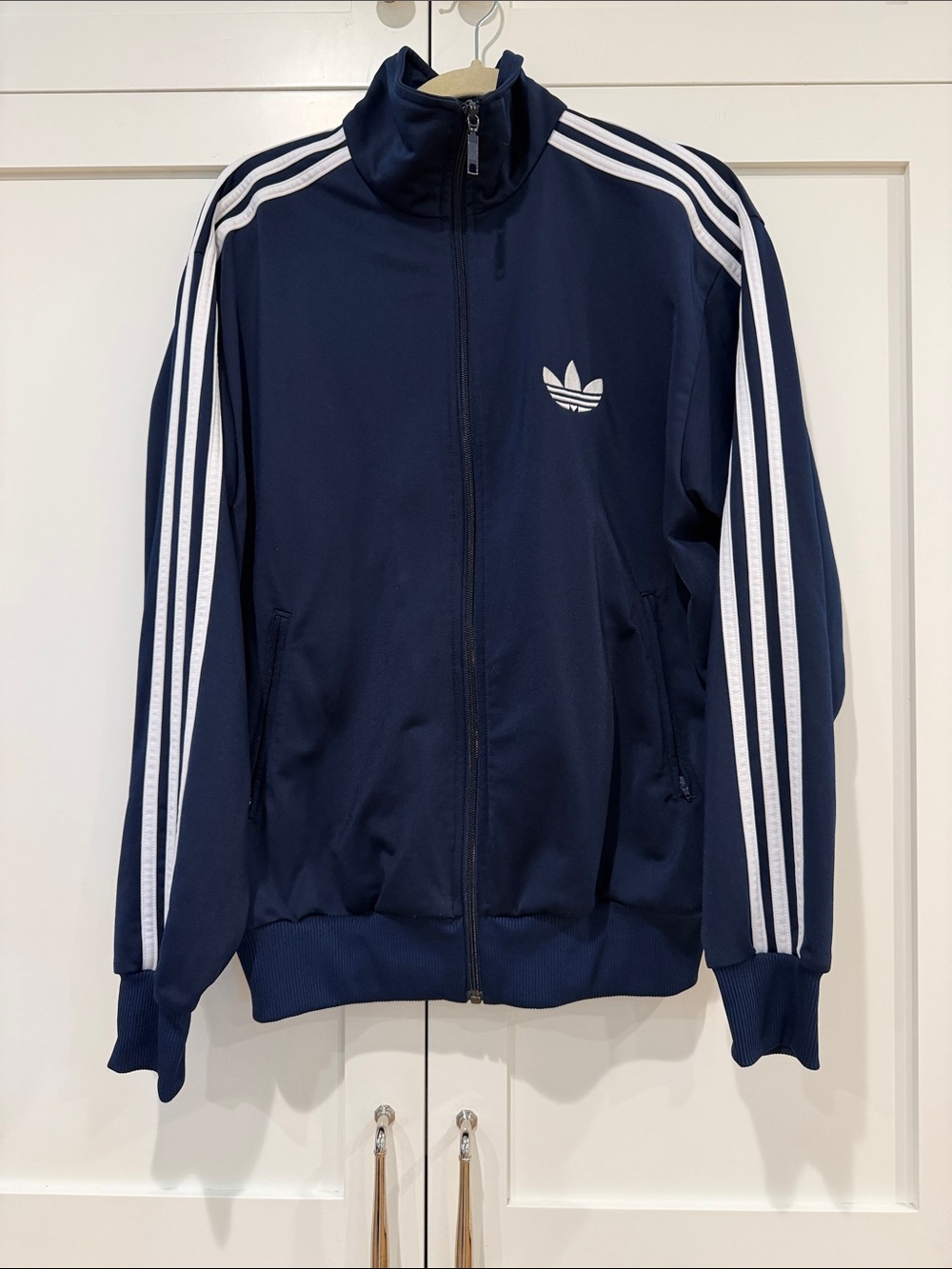 adidas Navy and White Three-Stripe Track Jacket